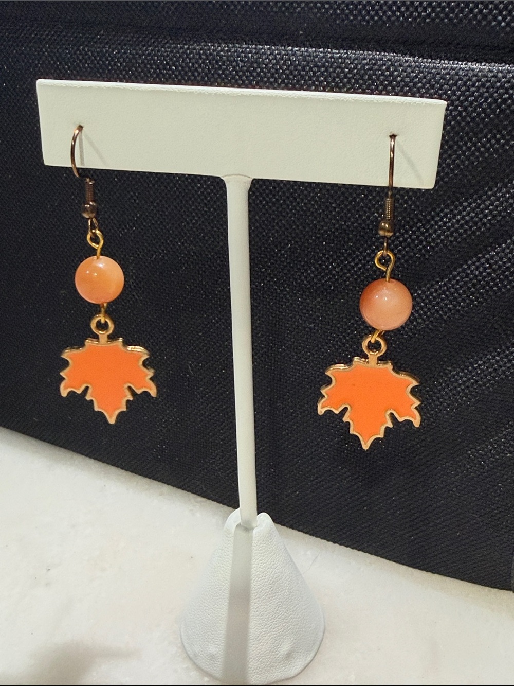 Orange Leaf Earrings with Jade Crystal Bead Accent Fall Hand Crafted Jewelry